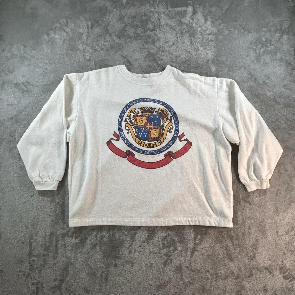 Vintage Guess Sweatshirt Mens Medium White Fleece Crest Graphic Marciano 80s USA
